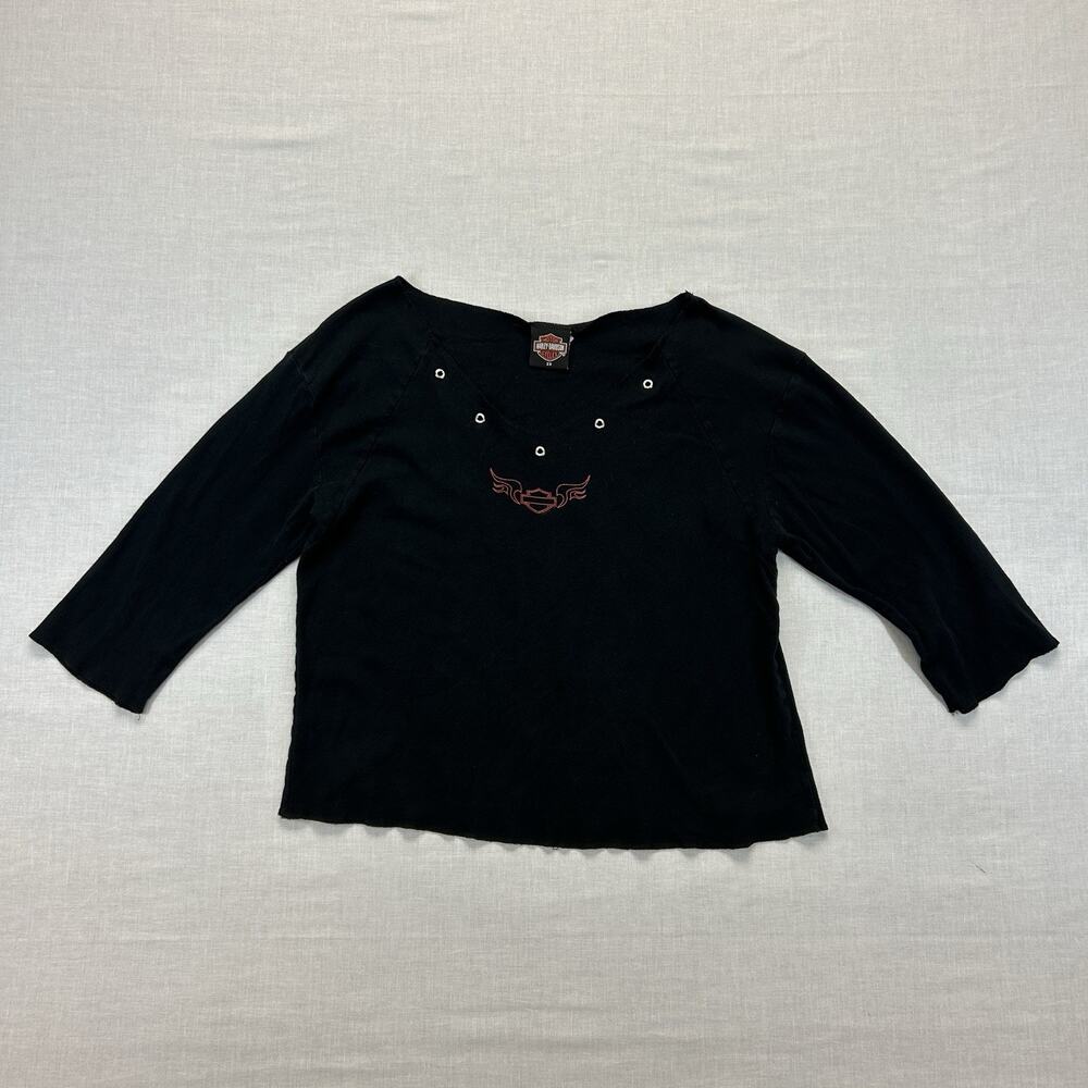 Vintage 90s Harley Davidson Half Sleeve Cropped Shirt Womens 2X Black Round Neck